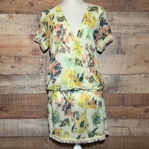 Maaji Lounge Swim Cover size Small Floral Yellow-Green Fringe Crisscross Sheer